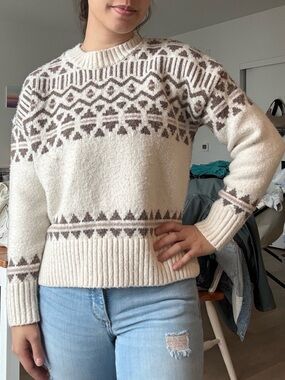 cupcakes & cashmere Cream and Brown Fair Isle Crew Sweater